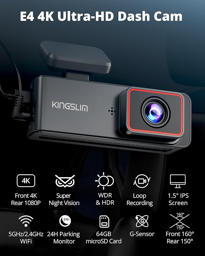 4K Dash Cam Front and Rear, Front 4K Rear 1080P Dual Dash Camera for Cars, Mini Dashcam with 64GB Card, APP Control, Night Vision, G-Sensor, Loop Recording, Parking Mode