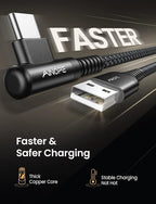 AINOPE USB Type C Cable 5-Pack [10/6.6/6.6/3.3/1.6ft] 3.1A C Type Charging Cable Right Angle, Nylon Braided USB C Cable Compatible with Galaxy S22 S20 Plus, Note 20, LG V20, Type C Charger Black