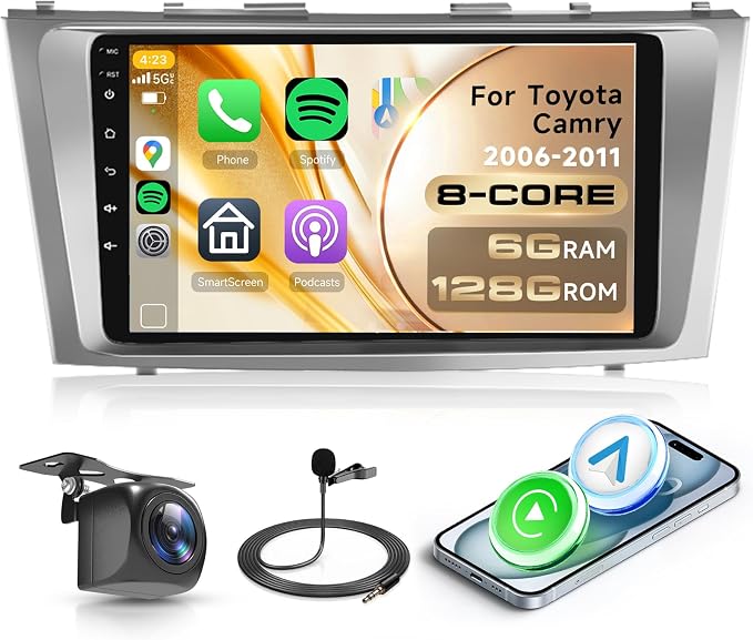 8 Core 6+128G Android 15 Car Stereo for Toyota Camry 2006 2007 2008 2009 2010 2011 Wireless Carplay Android Auto, 9’’ Touchscreen Radio GPS Bluetooth Mirror Link WIFI FM/RDS 32EQ DSP Backup Camera SWC