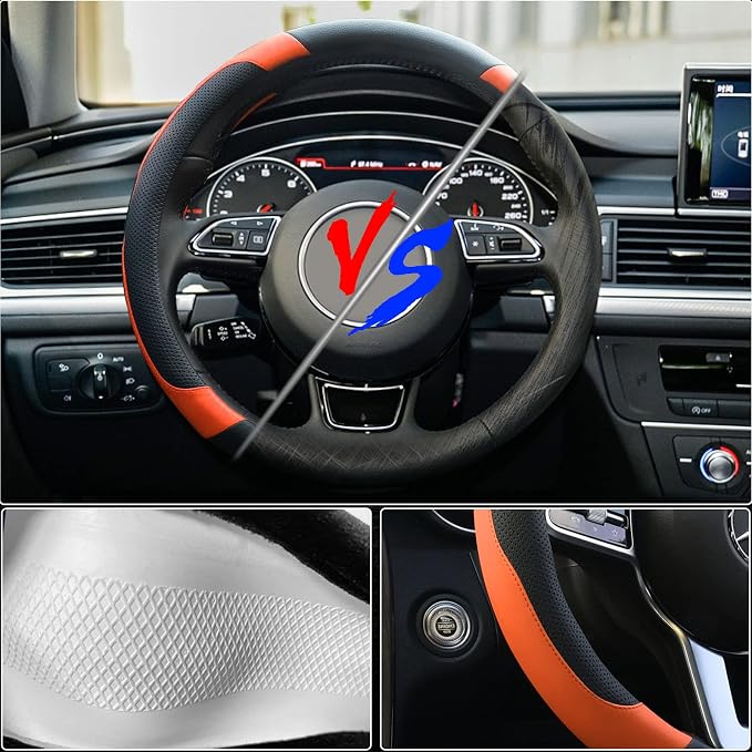 Orange Steering Wheel Cover Microfiber Leather Sporty Car Accessories for Men and Women,Breathable Non-Slip Universal Fit 14 1/2-15 Inch(Black and Orange)