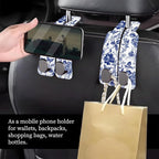 Car Seat Headrest Hook, Universal Leather Cute Hanger Holder Hook, Storage Organizer Interior Accessories for Purse Bags Handbag Luxury Blue Flowers