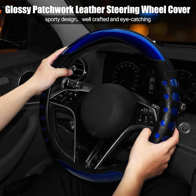 Hiseanllo Car Steering Wheel Cover, 14.5-15 Inch Universal Fit, Sporty Anti-Slip Leather Steering Wheel Protector with Glossy Color Accent, Comfortable Grip for Cars, SUVs, Trucks(Blue)