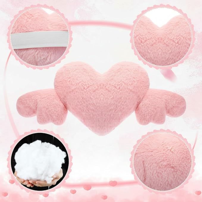 2 Pcs Plush Heart Shaped Pillow with Angel Wings Car Headrest Soft Comfortable Seat Pillow for Driving Travelling Room Office Car Decor, 19.7 x 8.3 Inch(Pink)