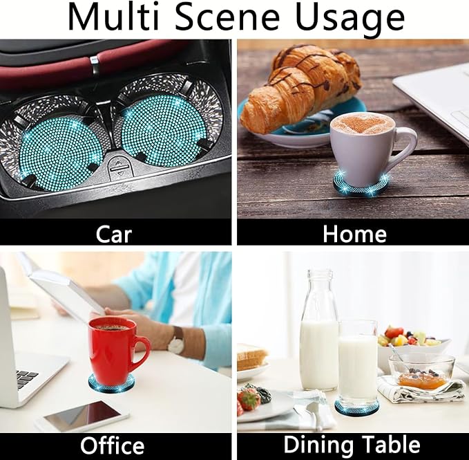 4pcs Bling Car Cup Holder Coaster, 2.75 inch Anti-Slip Shockproof Universal Fashion Car Coasters Insert Bling Crystal Rhinestone Automotive Interior Accessories for Women (Aquamrine)