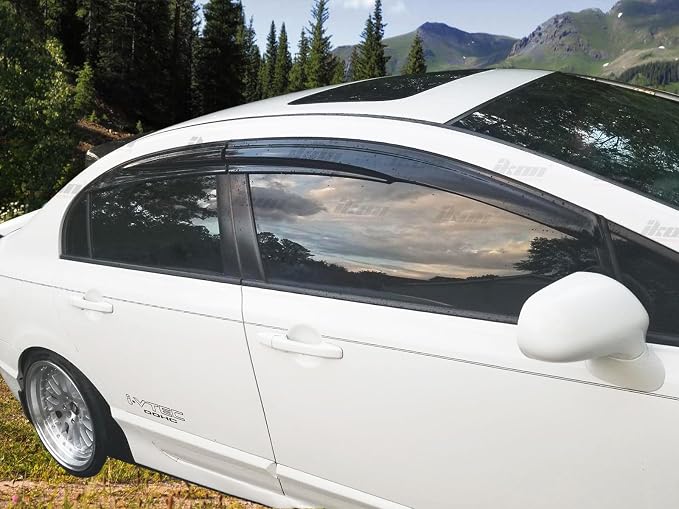 Fit 2006-2011 Honda Civic Sedan 4-Door Only Tape On External Window Visor |, Acrylic, Smoke Tinted, Sun Rain Wind Guards Shield, Vent Wind Deflector, Rainproof & Anti Fog, Waterproof