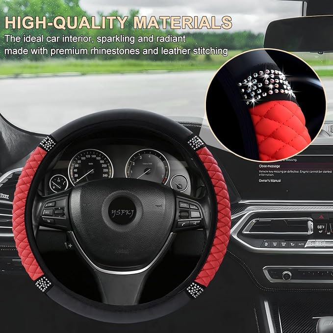 Soft Leather Car Steering Wheel Cover, Universal 15 Inch Colorful Rhinestones Anti-Slip Elastic Steering Wheel Covers for Most Cars, Sparkly Crystal Diamond for Women Girls (Red)