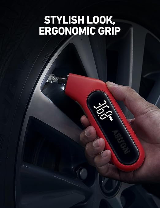 Digital Tire Pressure Gauge 3-300PSI Calibrated to ANSI B40.7 Grade 2A (0.5%), Backlight and Flashlight, Presta Valve Adaptor Included, 4 Units, AAA Batteries, Red, 2Pack