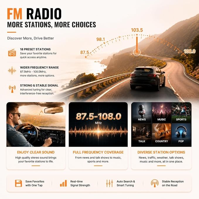 5.1" Single Din Bluetooth Car Stereo Wireless CarPlay Radio Android Auto | IPS Touchscreen, FM/AM/RDS radio, USB Type-C fast charging, 4×45W car audio, backup camera, fit most single din vehicles