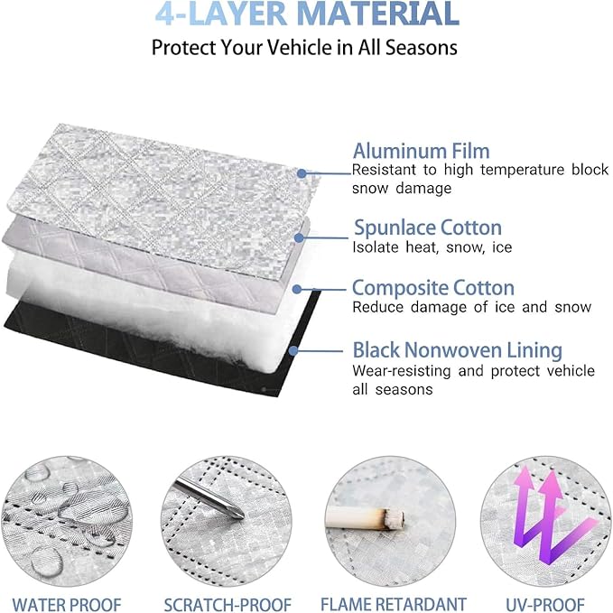 Car Windshield Snow Cover Compatible with Kia Soul 2010-2023 2024 2025+, Windshield Cover for Ice and Snow, 4-Layer Protection for Snow, Ice, UV, Frost Wiper & Mirror Protector, Sunshade Cover