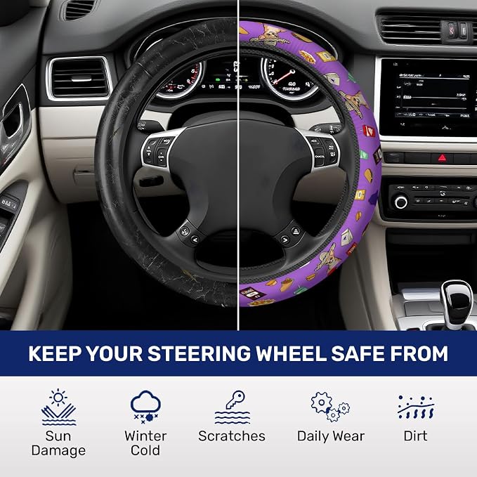 Purple Fast Food Icon Steering Wheel Cover, Polyester Car Wheel Grip, Universal 15 Inch for Cars SUVs Trucks