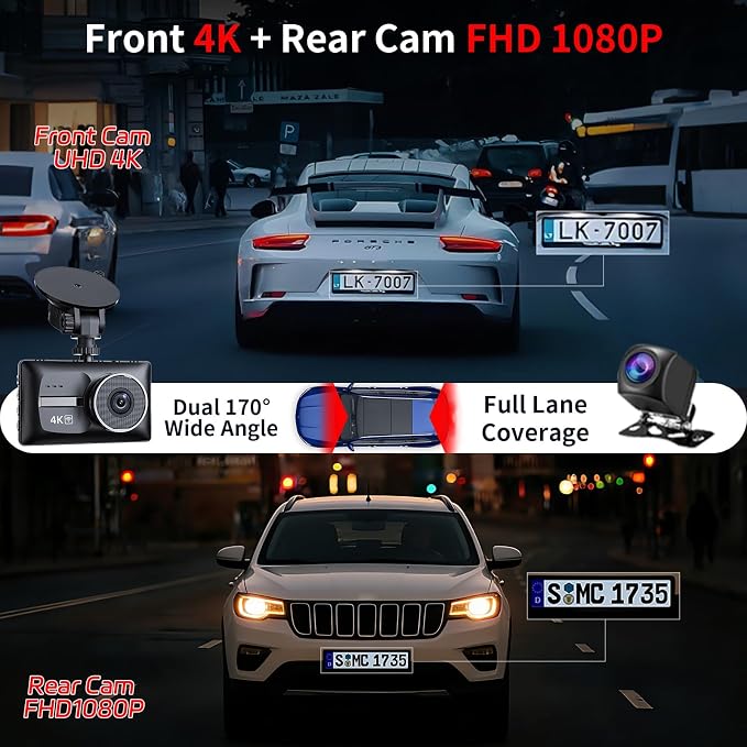 Dash Cam Front and Rear, 4K+1080P Dual Dash Camera for Cars, Free 64GB Card (256GB Max), 5.8GHz WiFi Up to 20MB/s, WDR Night Vision, 3" IPS, G-Sensor, Loop Recording, 24H Parking Mode