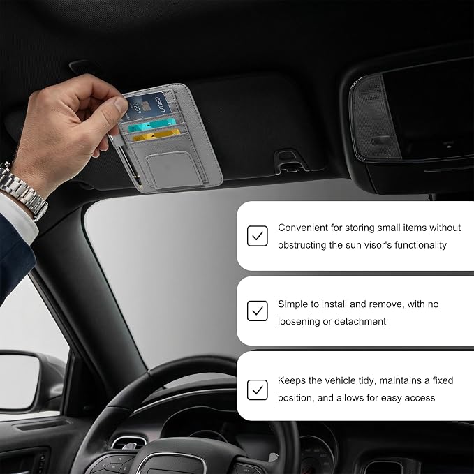 Car Sun Visor Organizer, Leather Auto Visor Card Holder with Sunglasses Clip, Multifunctional Sunvisor Storage Pouch Vehicle Interior Pocket for Driving License Pen Ticket (Gray)