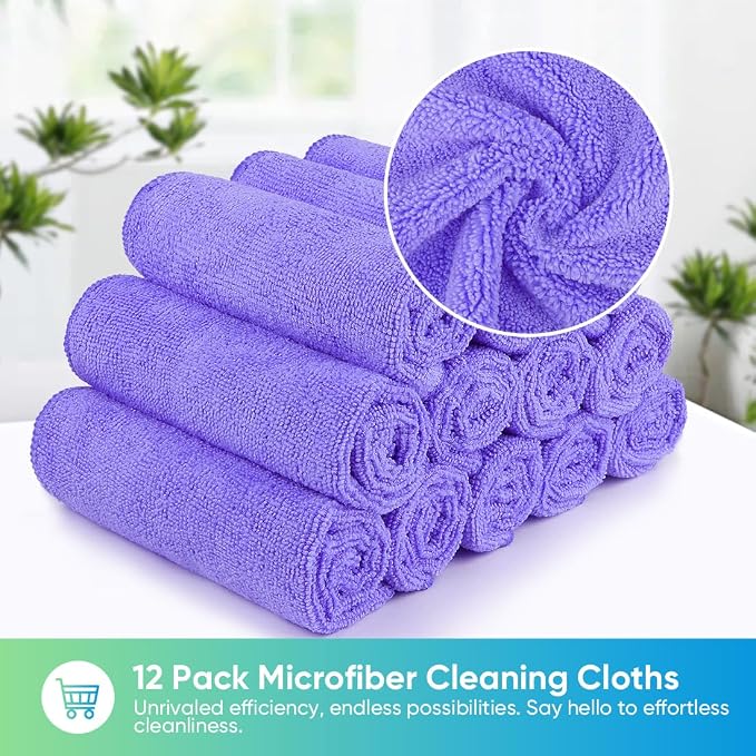 Purple Microfiber Cleaning Cloth, 12 Pack Premium Microfiber Towels for Cars, Lint Free, Scratch-Free, Highly Absorbent, Reusable Cleaning Rags for Car, Household, Kitchen, Window,11.5"X11.5"