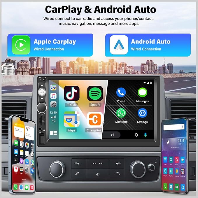 Double Din A-pple CarPlay Car Stereo with Carplay Android Auto,Bluetooth,7" HD Touchscreen 2 Din Car Radio Car Multimedia MP5 Player AUX/USB/TF Card Input Mirror Link,FM,SWC+12 LEDs-Backup Cam Mic USB