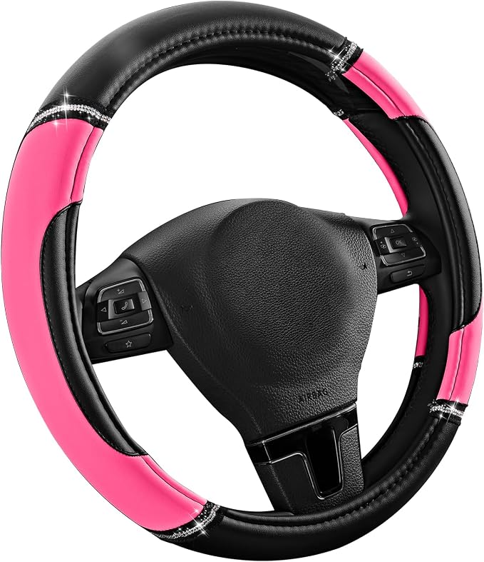 Leather Steering Wheel Cover - Made with PVC Leather - Anti-Slip, Universal Fit 14 1/2 inches to 15 inches - Hot Pink