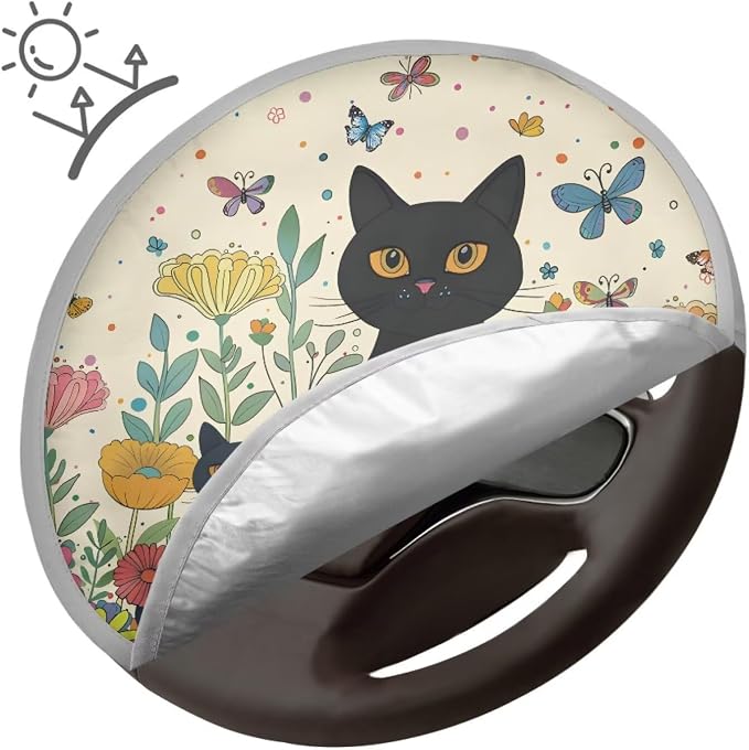 Black Cat Steering Wheel Sun Shade Cover 17 inch Anti-Heat Steering Wheel Cover for Blocking Sun & Heat,Cute Car Steering Wheel Accessories for Women Universal Fit for Most Cars SUV Trucks