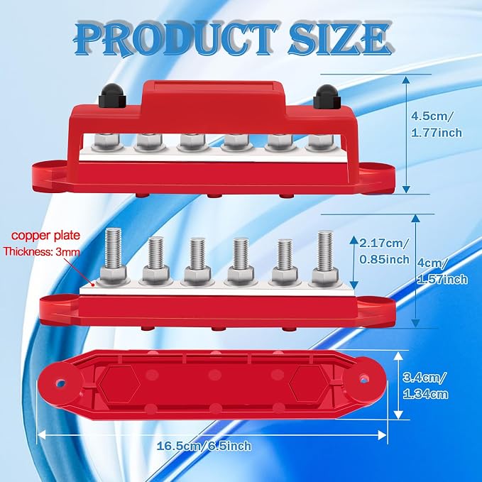 250A Bus Bar 12V Marine 1/4" Power Distribution Block Automotive Busbar Terminal Block,Battery Buss Bar (Pair, Red & Black) 6 x 1/4" Post Terminals