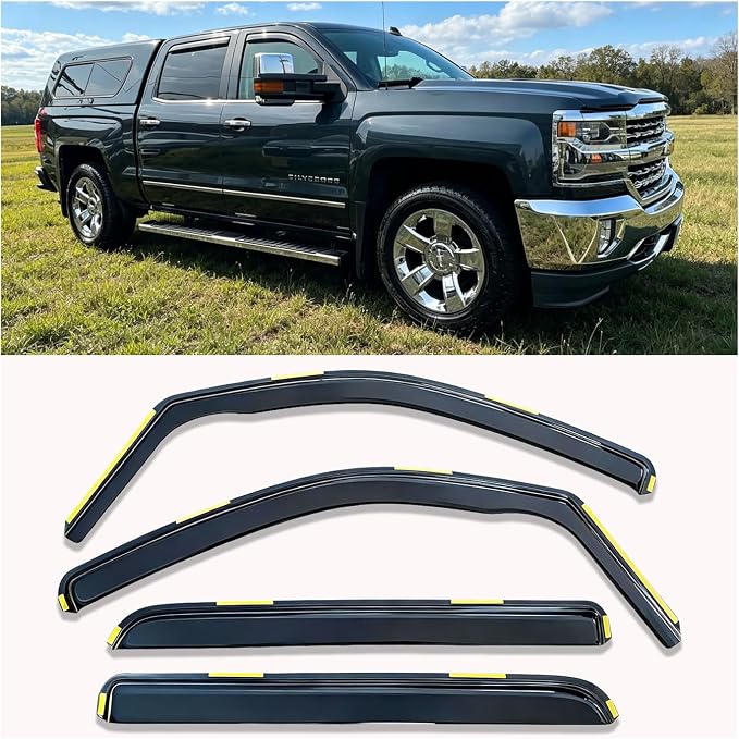 Window Visors for Silverado & Sierra 1500 2500HD 3500HD Crew Cab 14-18 | In-Channel Rain Guards, Vent Deflectors, Sun Shade, Dark Smoke