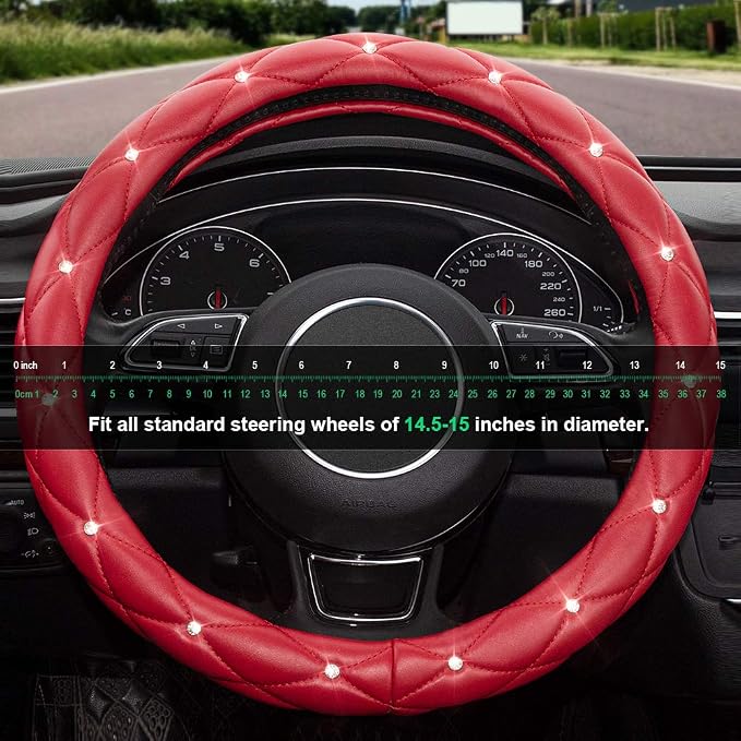 Red Steering Wheel Cover, Leather Car Steering Wheel Cover, Crystal Rhinestones Anti-Slip Soft Accessories for Women and Girl Universal Fit 14.5-15 Inch