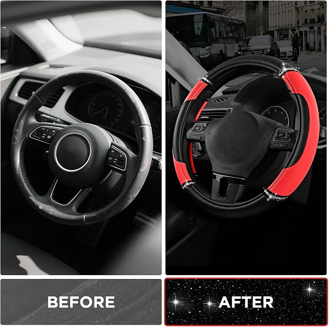 Leather Steering Wheel Cover - Made with PVC Leather - Anti-Slip, Universal Fit 14 1/2 inches to 15 inches - Red