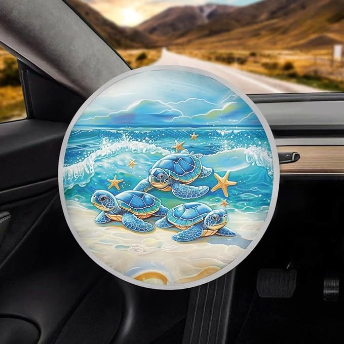Beach Sea Turtle Steering Wheel Cover Sun Shade Aluminum Foil Auto Interior Protector Block UV Rays Cool in Summer,Vehicle Accessories Universal for Women Men