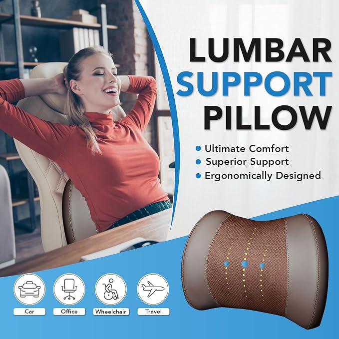 Lumbar Support Pillow for Car, Car Seat Back Support for Driving | Memory Foam Car Lumbar Support for Driving Seat, Car Back Cushion, Adjustable Straps, Lower Back Pillow, Office Chairs, Brown