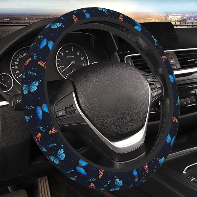 Fancy Butterflies Elastic Steering Wheel Cover Non-Slip Breathable Steering Wheel Protector Fit Auto, SUVs, Truck