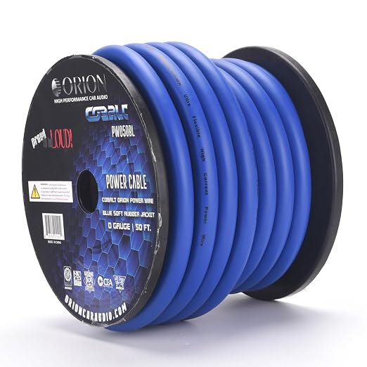 Orion Cobalt PW050BL 0 Gauge Wire (50ft) Copper Clad Aluminum CCA 0 AWG - 100% American Wire Gauge, High Powered Car Audio/Amplifier Power & Ground Cable, Battery Cable, RV Trailer Wiring