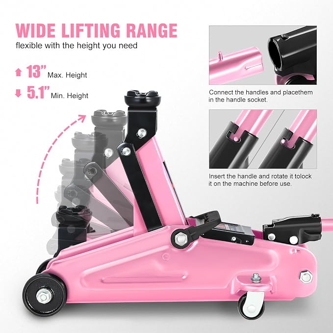 DNA Motoring Low Profile Hydraulic Trolley Service/Floor Jack, 2 Ton (4000 lbs) Capacity, Lifting Range 5.1"-13", Pink, TOOLS-00474-PK
