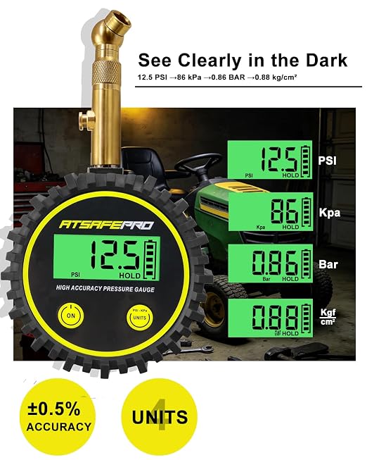 Digital Tire Pressure Gauge for Low Pressure Tires - 0-30 PSI ±0.5% Accuracy, Backlit LCD with 4 Units & Battery Indicator, 360° Swivel Head for Schrader Valve, Fit for ATVs, UTVs, Golf Carts