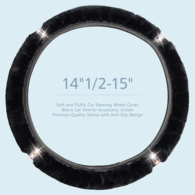 Plush Steering Wheel Cover with Bling Bling Crystal Rhinestone, Universal 15 Inch Softy Fluffy Steering Wheel Cover for Women Girls, Anti-Slip, Winter Warm, Black