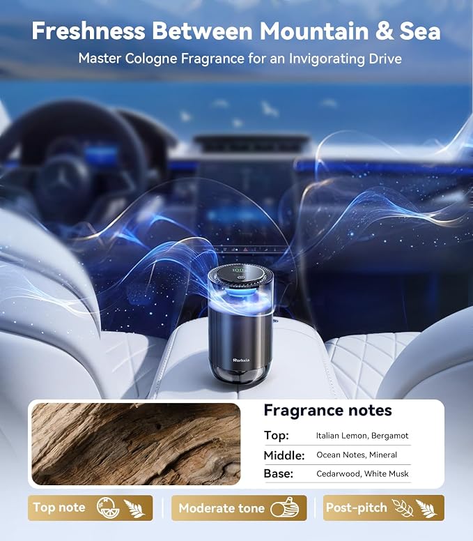 Smart Car Air Freshener [Enjoy Freshness, Purity, Comfort] New Premium Scenic Diffuser | Perfume Display, Auto On/Off, Adjustable Intensity, Long Lasting Fragrance | Cologne Freshener Gifts
