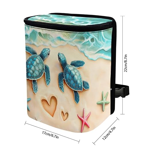 Turtle Starfish Heart Beach Print Car Trash Can with Lid, Leak Proof Auto Trash Bag Hanging Vehicle Garbage Can Multipurpose Storage Container for Back Seat Road Trip