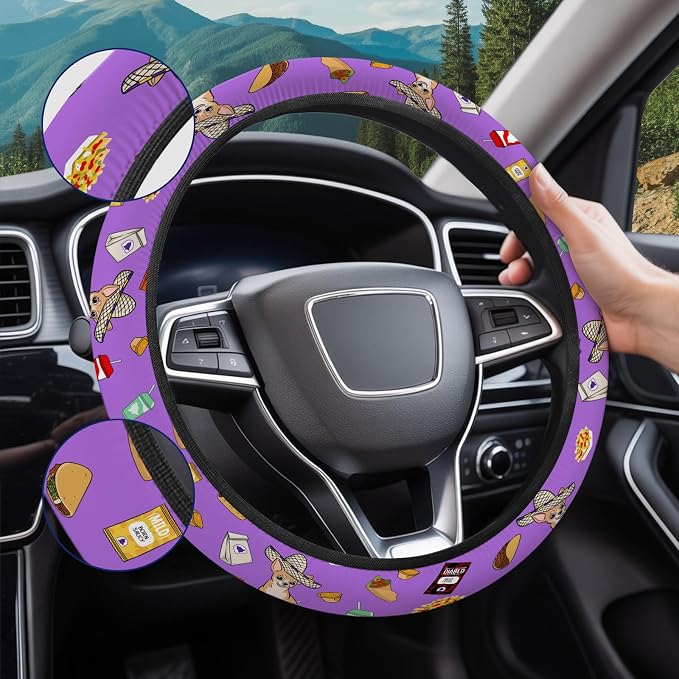 Purple Fast Food Icon Steering Wheel Cover, Polyester Car Wheel Grip, Universal 15 Inch for Cars SUVs Trucks