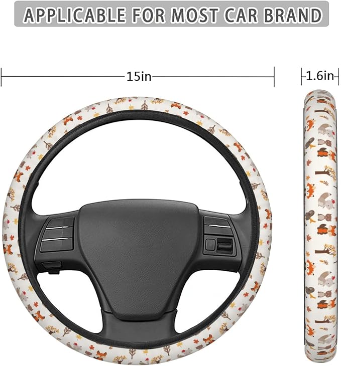 Woodland Animals Steering Wheel Covers Anti-Slip Elasticity Car Accessories Steering Wheel Protector Universal 15 Inch for Cars SUV Vehicle Truck