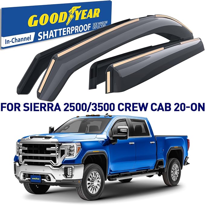 Goodyear Shatterproof in-Channel Window Deflectors for GMC Sierra 2500HD, 3500HD 2020-2026 Crew Cab, Rain Guards, Window Visors for Cars, Vent Deflector, Car Accessories, 4 pcs - GY009001