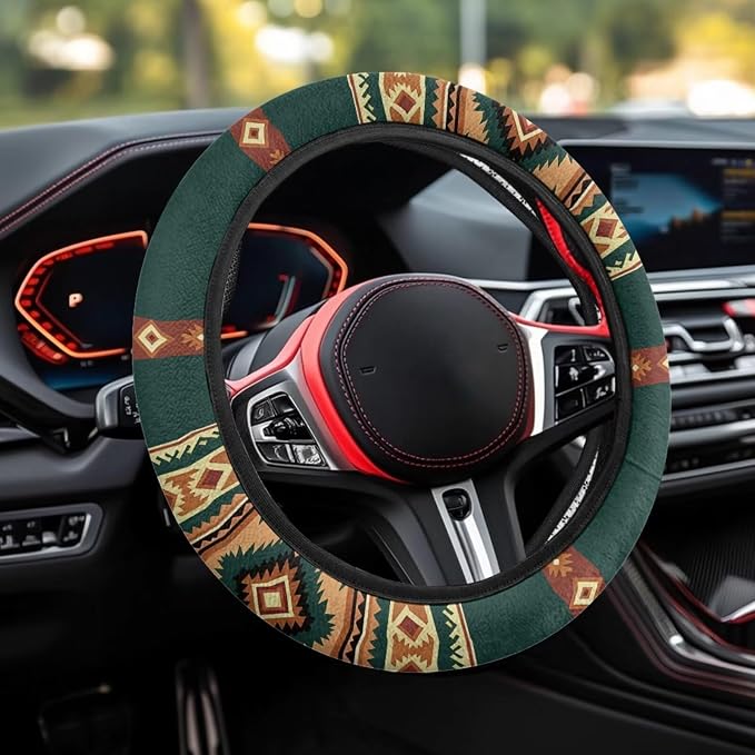 Car Steering Wheel Cover for Women Men, 15 Inch Soft Neoprene Stretch Anti-Slip Washable Car Accessories Universal Fit for Sedans SUV, Southwest Aztec Brown Green