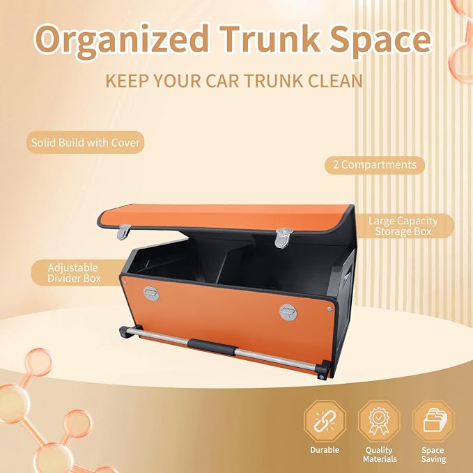 Car Trunk Organizer for SUV, Collapsible Leather Car Storage Trunk Organizer with Lid and Sturdy Handle Car Trunk Leather Storage Box (Orange, 27.1 x 11.4 x 12.2in)