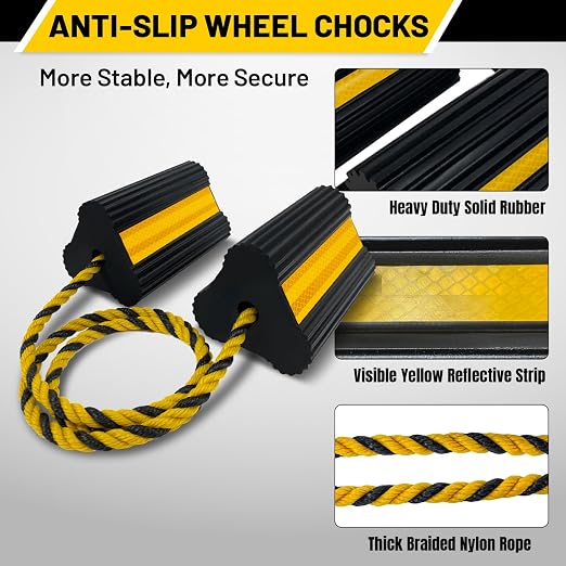 Wheel Chocks (2pair/4pack with Rope) for RV Trailer Camper Truck Car Aircraft, Versatile Heavy Duty Rubber Wheel Chocks Block with 3 Reflective Strips, Tire Wheel Immobilizers & Chocks