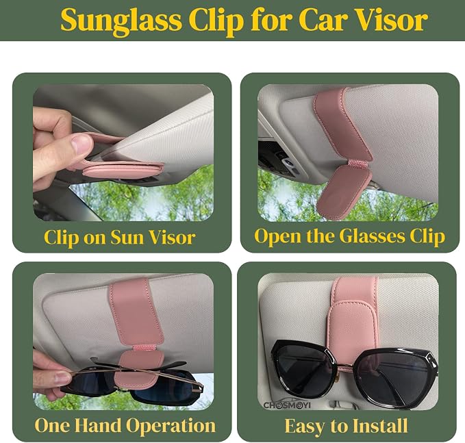 CHOSMOYI Magnetic Leather Sunglass Holder for Car, Sunglasses Clip for Car Visor, Auto Interior Accessories Universal for Different Size Eyeglasses(Pink)
