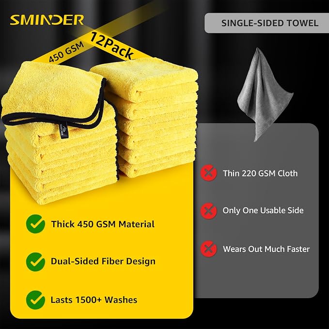 12-Pack Microfiber Cleaning Cloth, Car Drying Towels Car Detailing– XL Microfiber Towels for Cars, Trucks (15.7" x 15.7"), Ultra-Absorbent, Streak-Free, Scratch-Free, No Water Spots