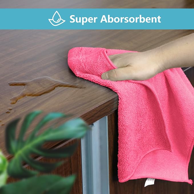 Pink Microfiber Cleaning Cloth, 8 Pack Cleaning Towels for Kitchen, Lint Free, Scratch-Free, Highly Absorbent, and Reusable Cleaning Rags for House, Window and Glass, Cars, 11.5 X11.5 inch