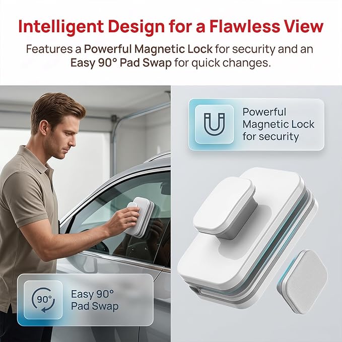 Magnetic Car Windshield Cleaner, Magnet Double-Sided Vehicle Glass Brush Wiper with Anti-Falling Rope, Auto Window Cleaning Tool for Glass Thickness 3-10mm, Universal for Vehicles