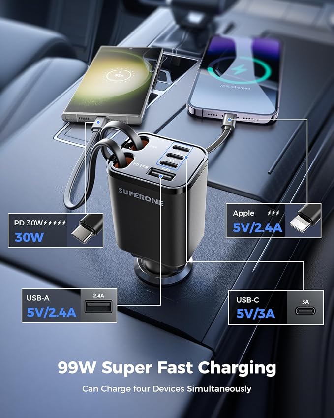 Retractable Car Charger, 99W Car Phone Charger with Cables Fast Charging, USB C Car Charger Adapter for iPhone 17 16 15 14 13 12, Samsung, Black