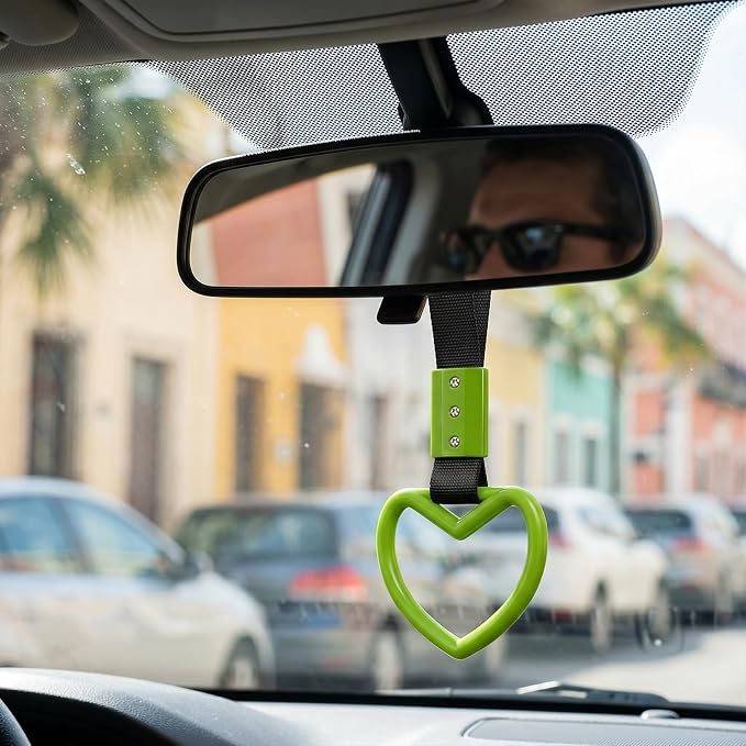 2 Pcs Heart Shaped Car Handle Strap – JD M Drift Charm Rear Bumper Warning Ring Decor for Car Interior Exterior, Subway Bus Handle Accessory, Cute Heart Car Decor Gift for Drivers (Green)