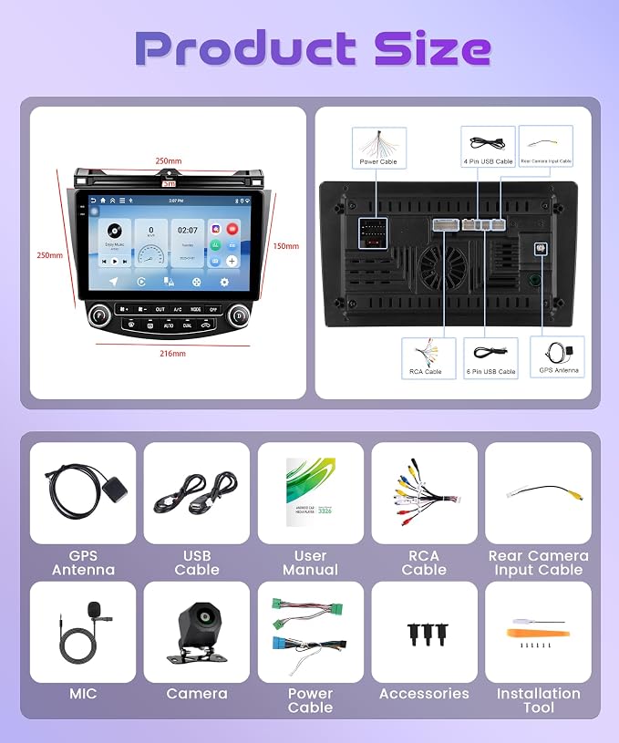 4G+128G Android 15 Car Radio Wireless Carplay for Honda Accord 2003-2007, Car Stereo Andorid auto Mirror Link 10'' HD Touchscreen GPS WiFi Bluetooth 5.0 FM/RDS EQ-32 SWC Backup Camera