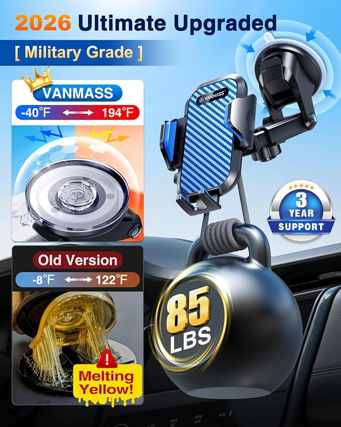 Phone Holders for Your Car 2026 Ultimate Phone Mount Military-Grade Windshield Dashboard Vent【Newest Best Strongest】 Cell Phone Car Mount for iPhone 16 Pro Max 15 Samsung Android,Blue