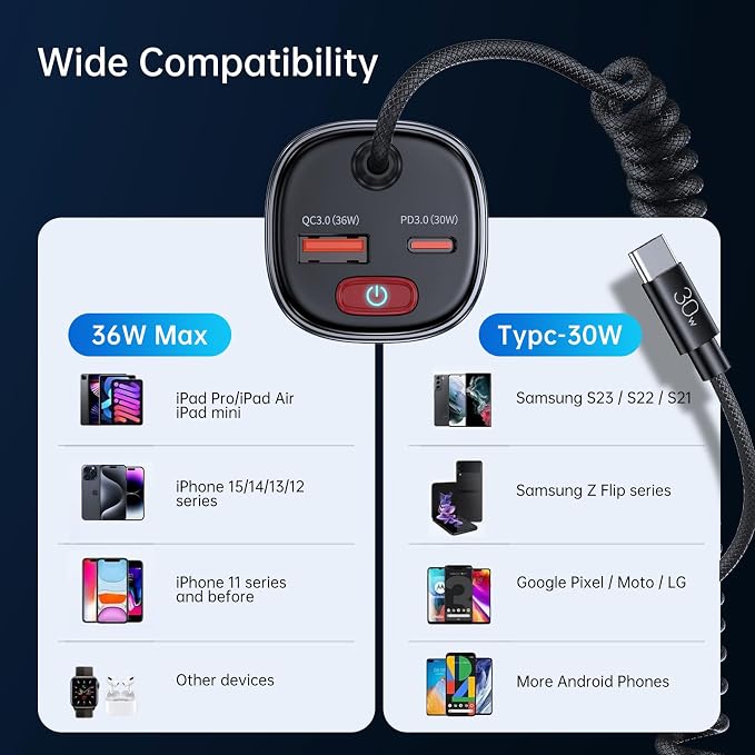 USB C Car Charger with [Battery Leakage Prevention] 66W Super Fast Car Adapter with PD & QC 3.0 Built in 6FT Type C Coiled Cable for iPhone 17/16/15 Series, Samsung Galaxy/Google Pixel