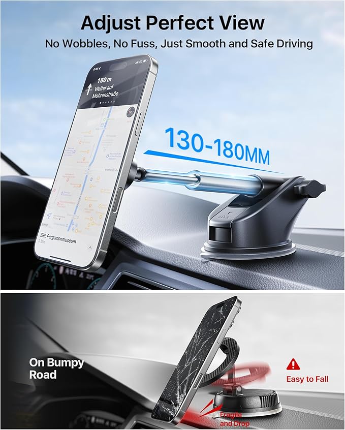 【Military-Grade】 3 in1 Magnetic Phone Holder for Car Dashboard Windshield Vent 【Upgrade Suction & Strongest Magnet】Retractable for MagSafe Car Mount Mats for iPhone 17 16 15 14 Pro Max Sumsung