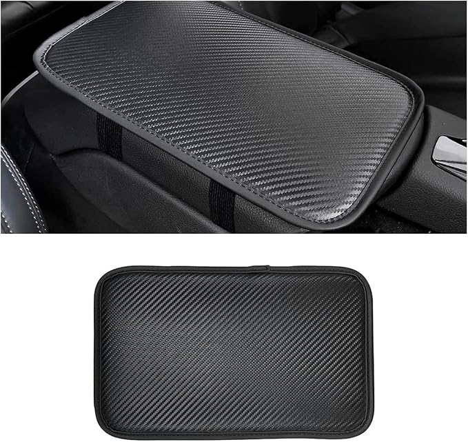 Leather Center Console Cushion Pad, 11.4"x7.4" Waterproof Armrest Seat Box Cover Fit for Most Cars, Vehicles, SUVs, Comfort, Car Interior Protection Accessories (Black/Carbon Fiber)